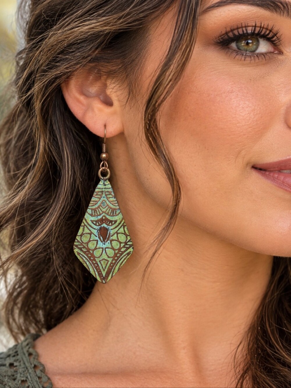 Anju Copper Green Patina Diamond Shape Art Deco Dangle Earrings Boho Jewelry